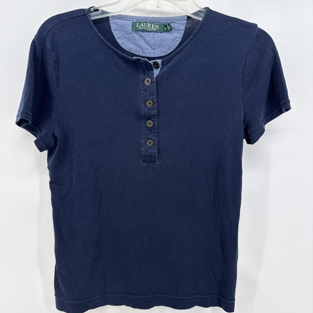 WOMENS LAUREN RALPH LAUREN‎ SOLID T-SHIRT SHORT SLEEVE 1/4 BUTTON NAVY BLUE SZ M
